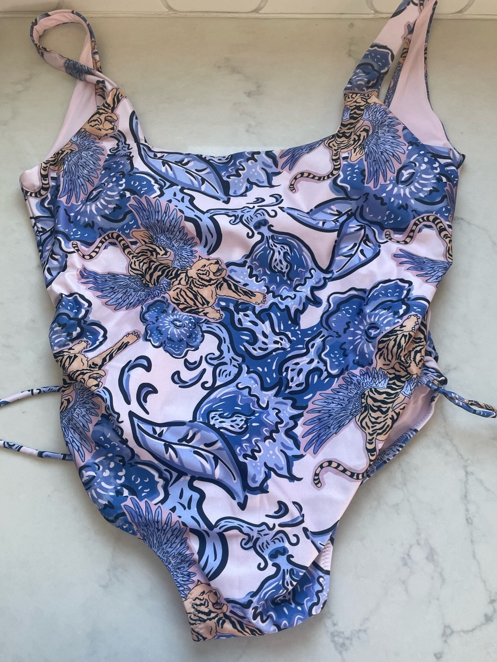 Floral & Tiger Print One-Piece Swimsuit in Light Pink and Blue - Sz L
